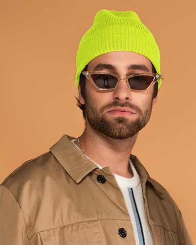 KBETHOS Made in USA Classic Men's Women's Cuffed Folded Acrylic Knit Beanie Hat Solid Unisex Cold - color: Neon Yellow Solid Long Beanie