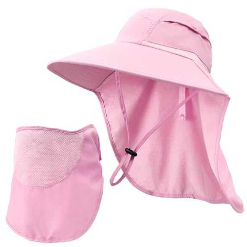 Sun Hats for Men Women Detachable Face Cover Wide Brim Fishing Hats with Neck Flap UPF 50+ Outdoor Safari Hats - color: Pink