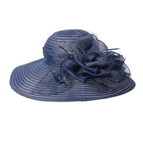Wide Brim Church Hat for Women with Organza Flower Accent Ladies Dress Hat - color: Navy