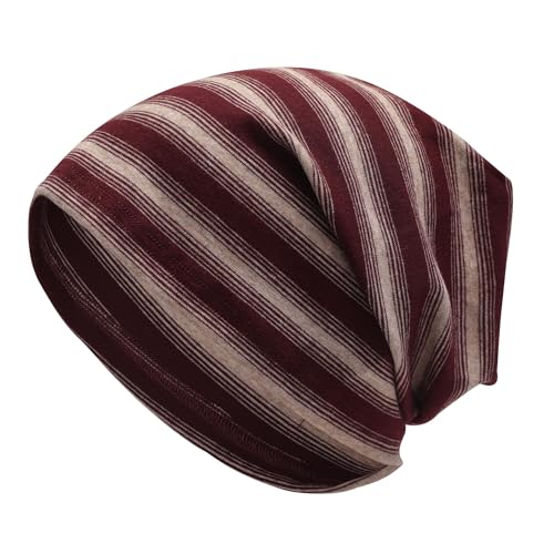 ZLYC Cotton Thin Slouchy Beanie Hat for Men Women Stretch Skull Cap - color: Striped Burgundy and Khaki, size: One Size