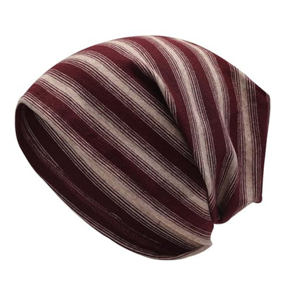 ZLYC Cotton Thin Slouchy Beanie Hat for Men Women Stretch Skull Cap - color: Striped Burgundy and Khaki, size: One Size