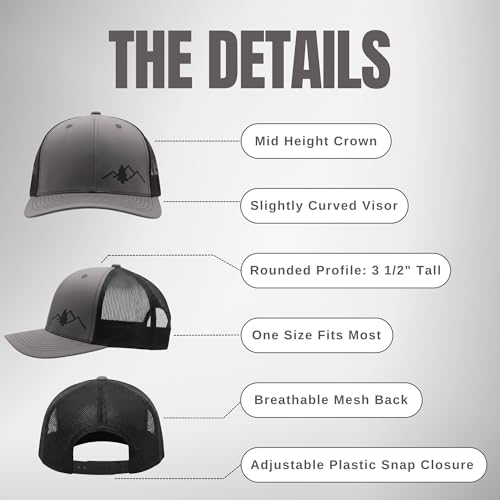 LINDO Trucker Hat [ Great Outdoors Design ] for Men and Women: Mid Profile Cap with Breathable Mesh Back and Adjustable Snap - color: Gray/Black