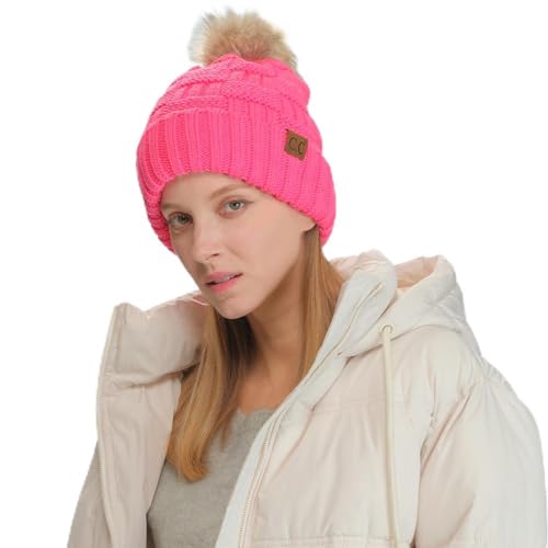 C.C Knit Beanie Hat – Fuzzy Fleece Lined Warm Winter Hat, Faux Fur Pom Soft Stretchy Slouchy Knit Cap, Cold Weather Beanie - color: Candy Pink