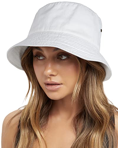 FURTALK Bucket Hats for Women Washed Cotton Packable Summer Beach Sun Hats Bucket Hat with Strings for Travel - color: White