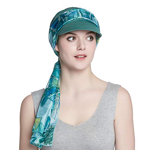 Alnorm Breathable Cotton Hat and Scarf Set Chemo Headwear for Women - color: Green Diamonds