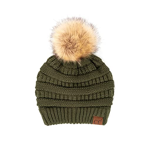 C.C Fur Pom Winter Fall Trendy Chunky Stretchy Cable Knit Beanie Hat - color: Solid Moss