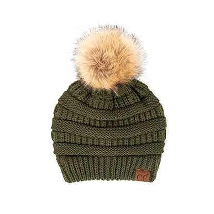 C.C Fur Pom Winter Fall Trendy Chunky Stretchy Cable Knit Beanie Hat - color: Solid Moss