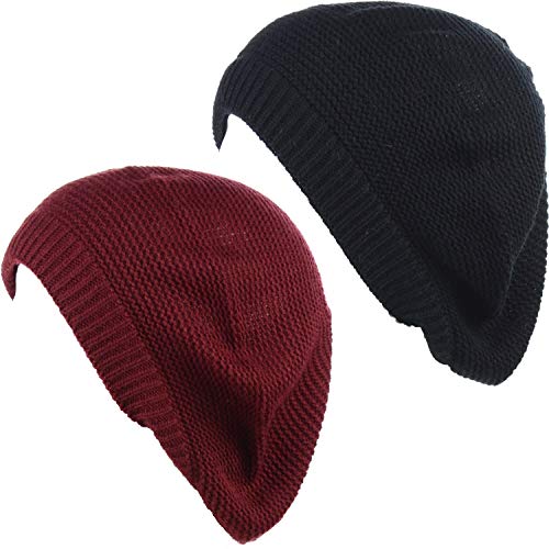 BYOS Chic French Style Lightweight Soft Slouchy Knit Beret Beanie Hat in Solid - color: 2-pack Red Wine & Black