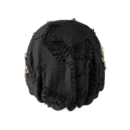 haozaikeji Women Flower Turban Hat Rhinestones Muslim Islamic Head Wrap African Pearl Turban Soft Stretchy Head Cover - color: Black