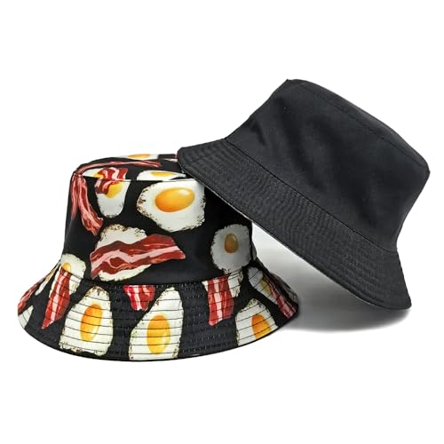 Printed Bucket Hat - Reversible Packable Summer Travel Beach Sun Cap for Men Women Teens - color: Bacon Egg