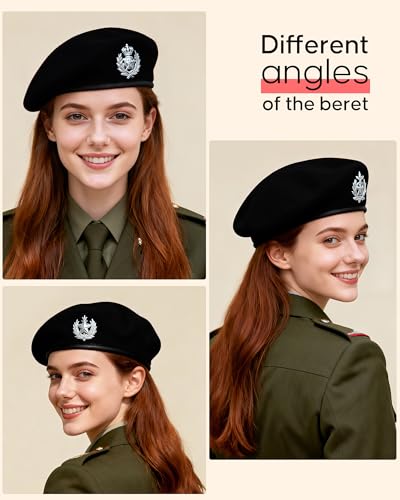 Military Wool Beret Hat, Leather Trim, Adjustable, Unisex, Vintage
