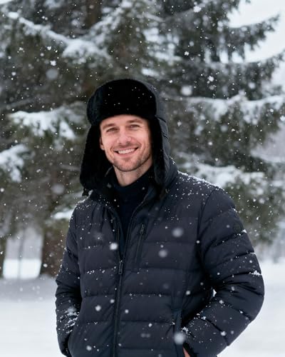 CLAPE Women Waterproof Warm Winter Hat, Soft Faux Fur Trapper Hat w/Ear Flaps, Men Outdoor Hunting Ushanka Russian Hats - color: Pl2411-black