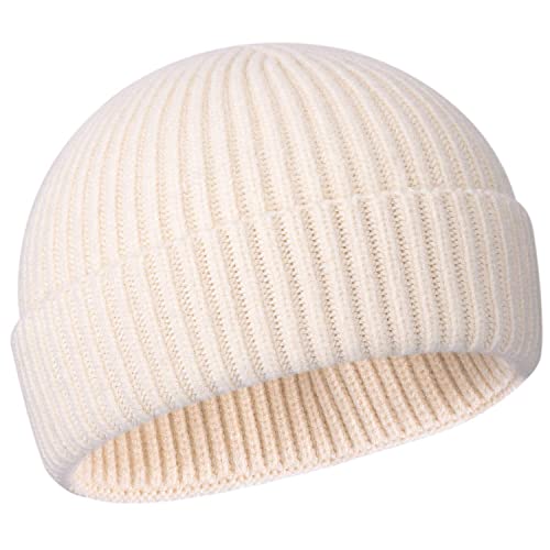 50% Wool Knit Short Fisherman Beanie for Men Women Warm Winter Hat - color: #Beige