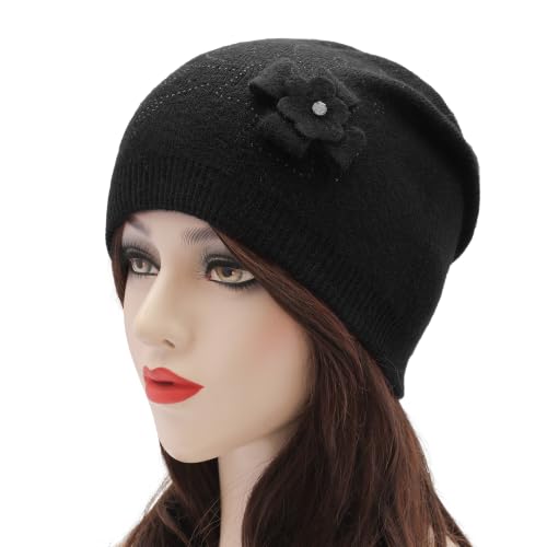 ZLYC Women Floral Slouchy Beanie Hat Double Layer Winter Knit Skull Cap - color: Floral Black