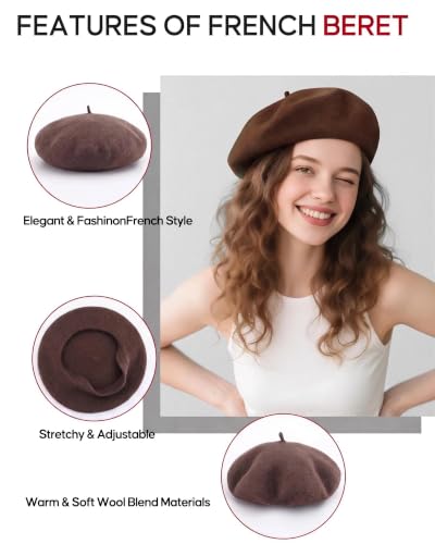 French Beret Hats for Women - Wool Solid Color Beanie Cap - color: Coffee