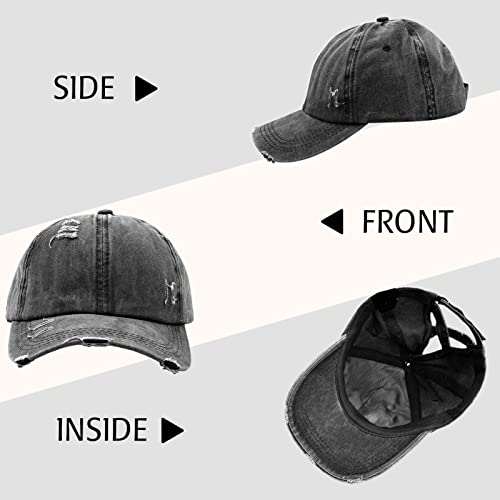 Criss Cross Ponytail Hat Women Washed Distressed Baseball Caps Adjustable High Messy Bun Ponycap - color: B - Denim Black