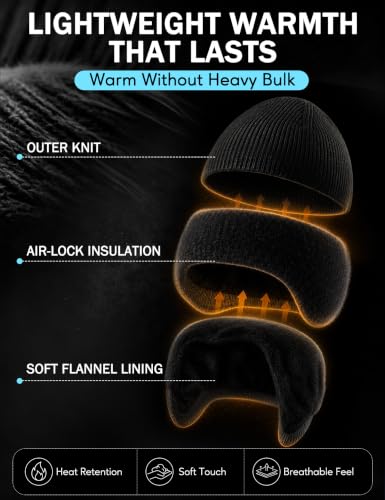 Durio Winter Beanie Hat with Earflap Windproof Knitted Cap - color: Black