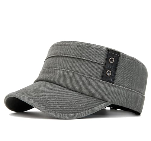 Military Cadet Army Cap for Men Women-Washed Cotton Vintage Adjustable Flat Top Baseball Hat - color: Vintage Grey