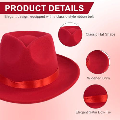 Red Wide Brim Felt Fedora Hat with Satin Ribbon Dress Panama Hat Rancher Cap for Unisex Halloween Costume