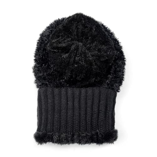 HUAMULAN Women Winter Knit Beanie Hats One Piece Fleece Lined Balaclavas - color: Black + Faux Fur