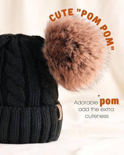 FURTALK Toddler Winter Hat Knit Beanie Double Faux Fur Pompoms Girls Boys - color: Black, size: 2-6 Years