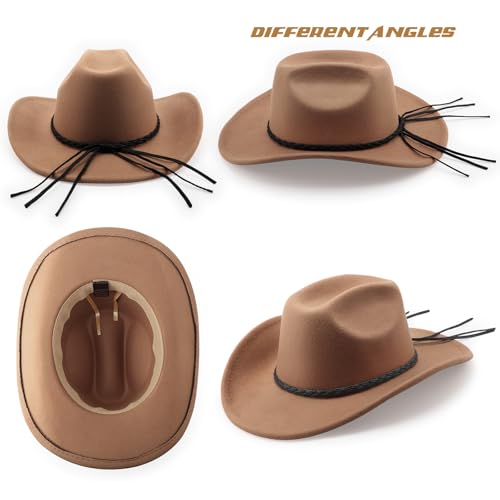 DRESHOW Western Cowboy Hat for Men Women Cowboy Cowgirl Hat Outdoor Wide Brim Retro Felt Fedora Hats Unisex Rolled up Caps - color: 1 Pack Style 8: Khaki