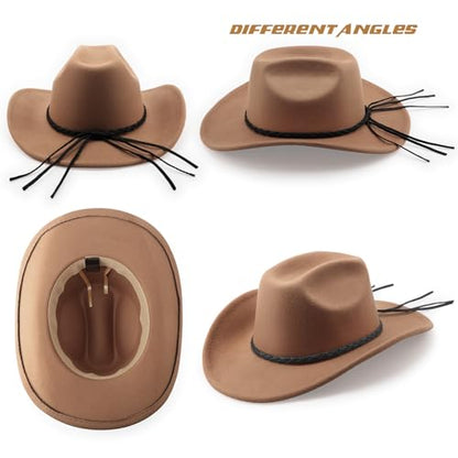 DRESHOW Western Cowboy Hat for Men Women Cowboy Cowgirl Hat Outdoor Wide Brim Retro Felt Fedora Hats Unisex Rolled up Caps - color: 1 Pack Style 8: Khaki