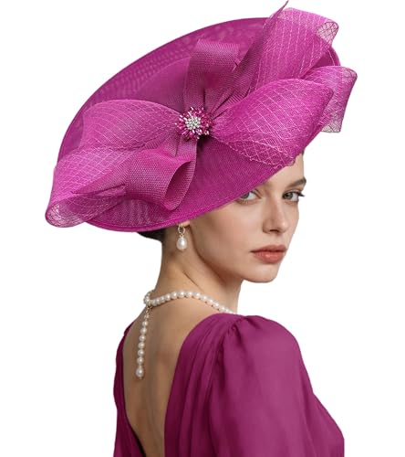 Kgromfy Women's Wide Brim Fascinator Hat Tea Party Headband Large Vintage Church Hat Lady Headwear for Derby Wedding Cocktail - color: Rose Red