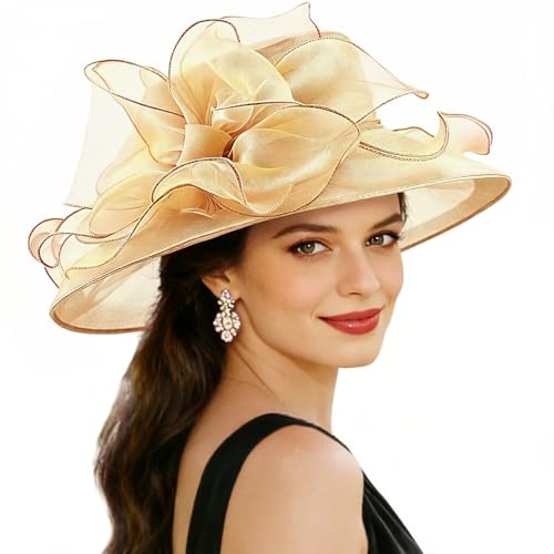 DRESHOW Women Organza Hat Church Cap Hats Clearance Kentucky Derby Cocktail Tea Party Wedding Flower Hat with Wide Brim - color: Bow Hat: Khaki