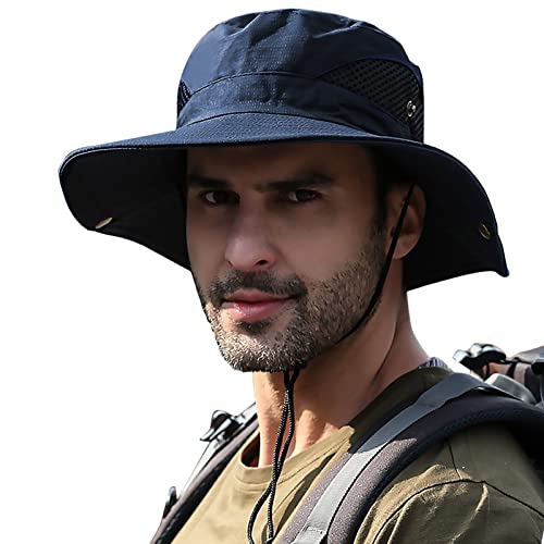 Sun Hats for Men Women UPF 50+ Wide Brim Bucket Hat Waterproof Packable Cowboy Hat for Fishing Beach Safari Gardening Golf - color: Navy