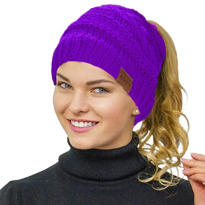 Rosoz 2 Pack Ponytail Beanie for Women,Winter Warm Beanie Tail Soft Stretch Cable Knit Messy High Bun Hat - color: 1pack-purple