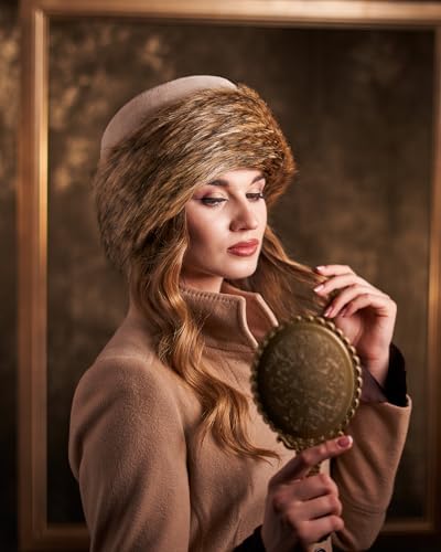 Futrzane Faux Fur Trim Hat for Women - color: Beige - Bronze, size: Medium