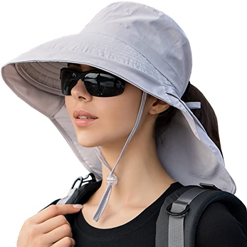 Womens Sun Hat UPF 50+ Wide Brim and Ponytail Hole, Hiking Safari Hat with Neck Flap… - color: Light Gray