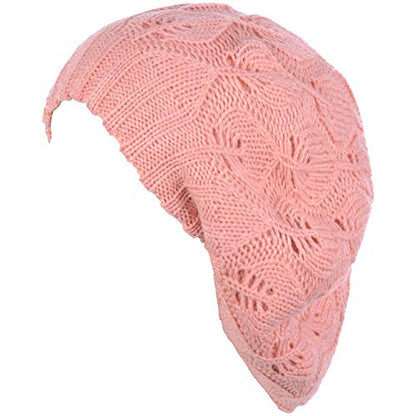 BYOS Women Mid-Weight Slouchy Leafy Cutout Crochet Soft Knit French Beret Hat - color: 2-pack-pink & Bk