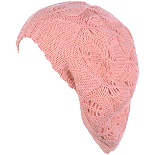 BYOS Women Mid-Weight Slouchy Leafy Cutout Crochet Soft Knit French Beret Hat - color: 2-pack-pink & Bk