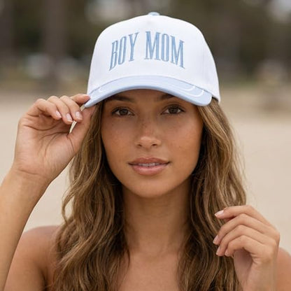 D&Y Retro 2-Tone Canvas Baseball Cap for Women - Funny Embroidered Distressed Snapback, Adjustable Cotton Dad Hat - color: Boy Mom-lt Blue