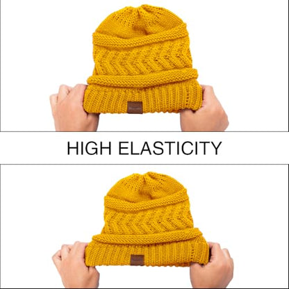 Rosoz 2 Pack Ponytail Beanie for Women,Winter Warm Beanie Tail Soft Stretch Cable Knit Messy High Bun Hat - color: 1pack-yellow