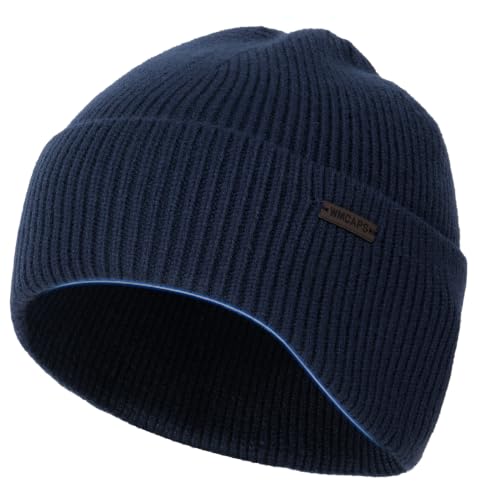 Wmcaps Soft Winter Beanie for Men Women, Warm Knit Hat with Curved Cuff - color: Navy Blue