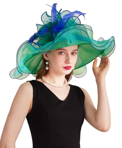 Women Derby Church Hat Organza Flower Wedding Tea Party Fascinator Wide Brim Sun Hat - color: 16-green Blue