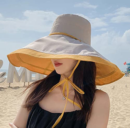 HUAMULAN Women Summer Vacation Wide Brim Sun Hat Reversible Fishing Hats - color: Yellowbeige