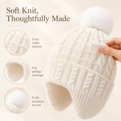 Toddler Baby Winter Hat with Earflap Kids Warm Twisted Knit Hat Infant Pom Pom Beanie Ski Cap for Baby Girls Boys - color: Beige, size: 6-24 Months