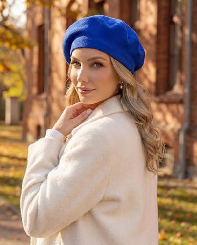 Women's Knitted Beret, French Style Double Layer Winter Autumn Warm and Soft Beanie Hat Cap - color: Royal Blue