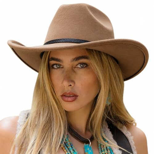 DRESHOW Western Cowboy Hat for Women Men Wide Brim Felt Fedora Cowgirl Hats - color: Brown, size: Large