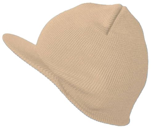 1 Pack (Khaki) Knit Beanie Hat with Visor Brim, Cuffless Acrylic Cap
