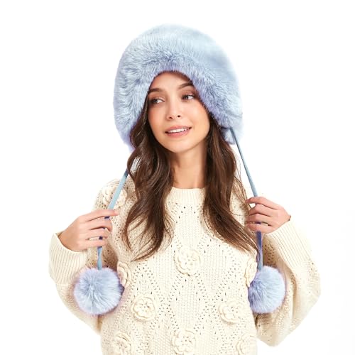 Winter Hats Cute Kint Hat Russian Fur Crochet Hat Slouchy Beanies with Pompom Warm Fuzzy Snow Cap Trapper Hat for Women - color: Light Blue