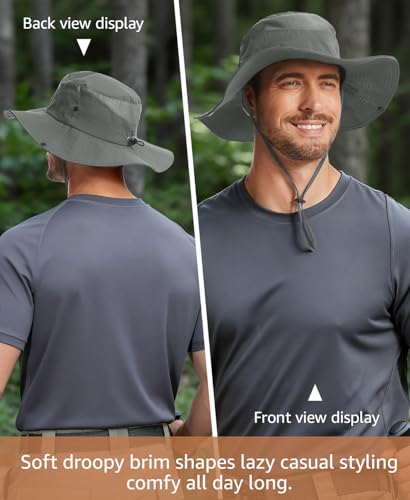 Wide Brim Sun Hat for Men Women, UPF 50+ Waterproof Packable Bucket Boonie Safari Fishing Hat - color: Light Grey