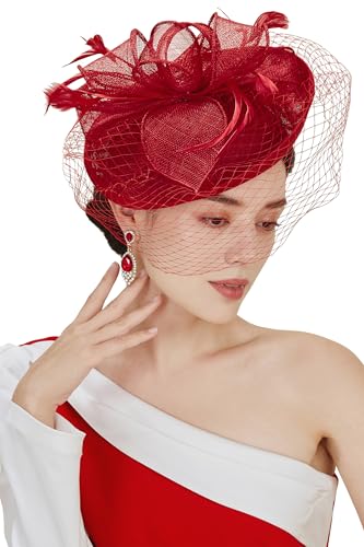 BABEYOND Fascinators Hats for Women Pillbox Kentucky Hat with Feather Veil - color: Red
