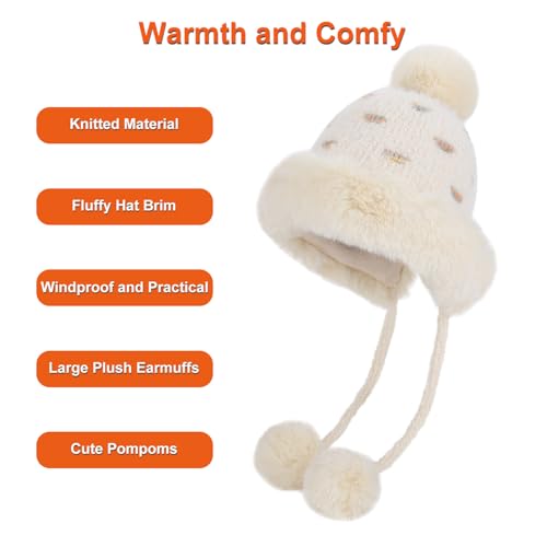 Women Winter Sherpa Beanie Hats Knit Ear Flap Hat Fleece Lined - color: Beige With 3 Pompoms