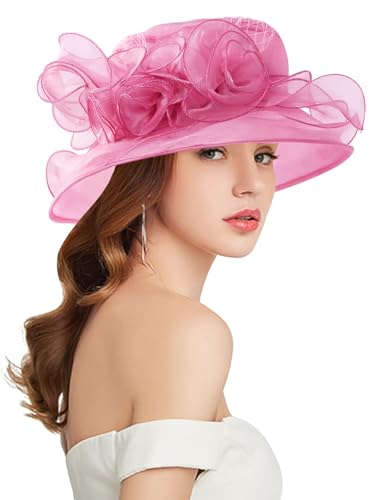 Women Derby Fascinator Hat Organza Church Wedding Hats Wide Brim Cocktail Tea Party Hat - color: 12 Fuchsia