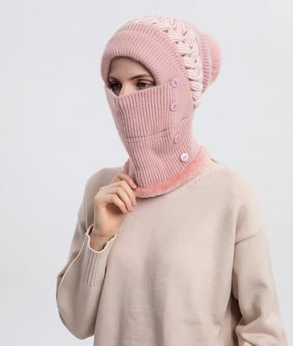 HUAMULAN Women Winter Knit Balaclava Fleece Lined Hooded Beanie Hats - color: Pink, size: One Size